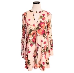Altar'd State Boho Floral Bell Sleeve Tunic Mini Dress Pink S